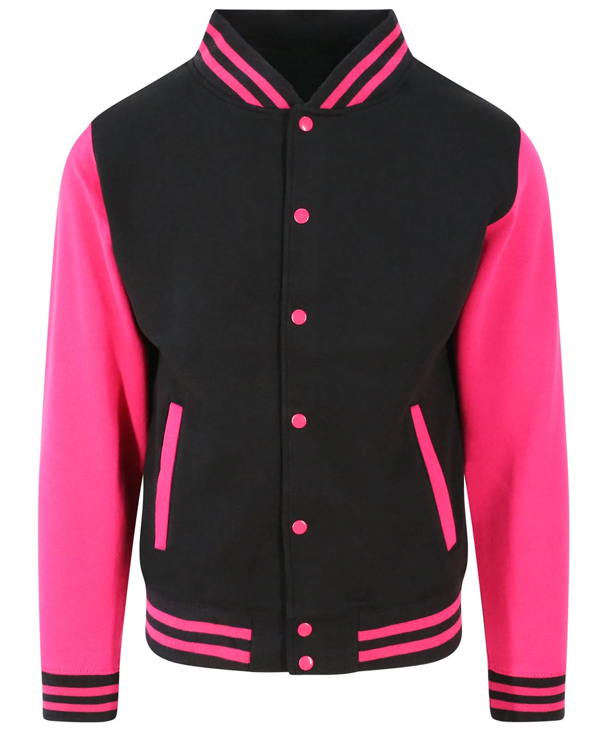 AWDis Just Hoods Varsity jacket JH043 - Jet Black Hot Pink - Customisable Jacket