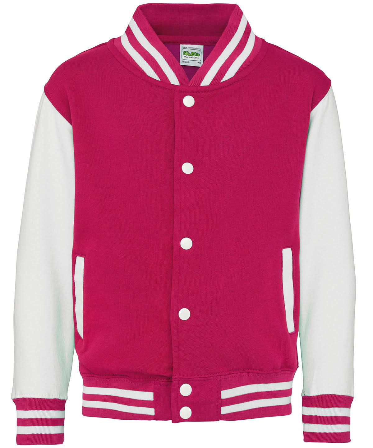 AWDis Just Hoods Kids varsity jacket JH43J - Hot Pink White - Customisable Jacket