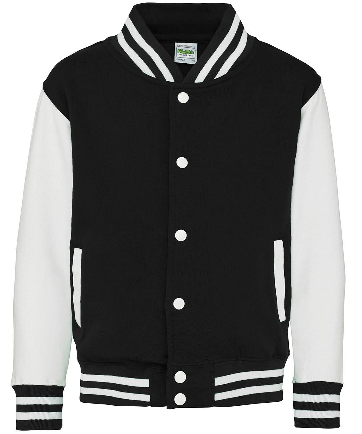 AWDis Just Hoods Kids varsity jacket JH43J - Jet Black White - Customisable Jacket