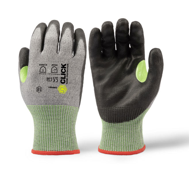 Beeswiftt Click Hand Protection 13G PU Coated Cut F Glove - - Customisable Cut Resistant
