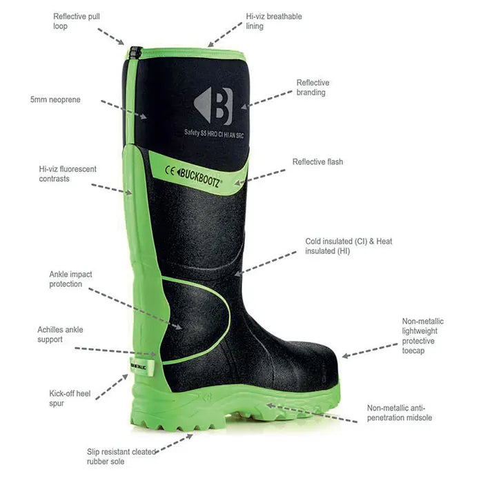 Buckbootz BBZ8000 S5 High Visibility Safety Wellington – Grey / Green - - Customisable Wellingtons