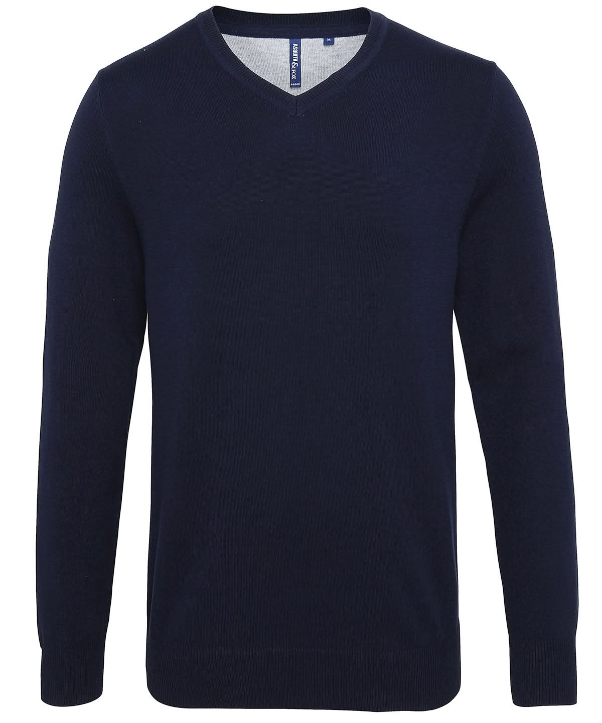 Asquith &amp; Fox Mens cotton blend v neck sweater AQ042 - French Navy - Customisable Knitted Jumpers