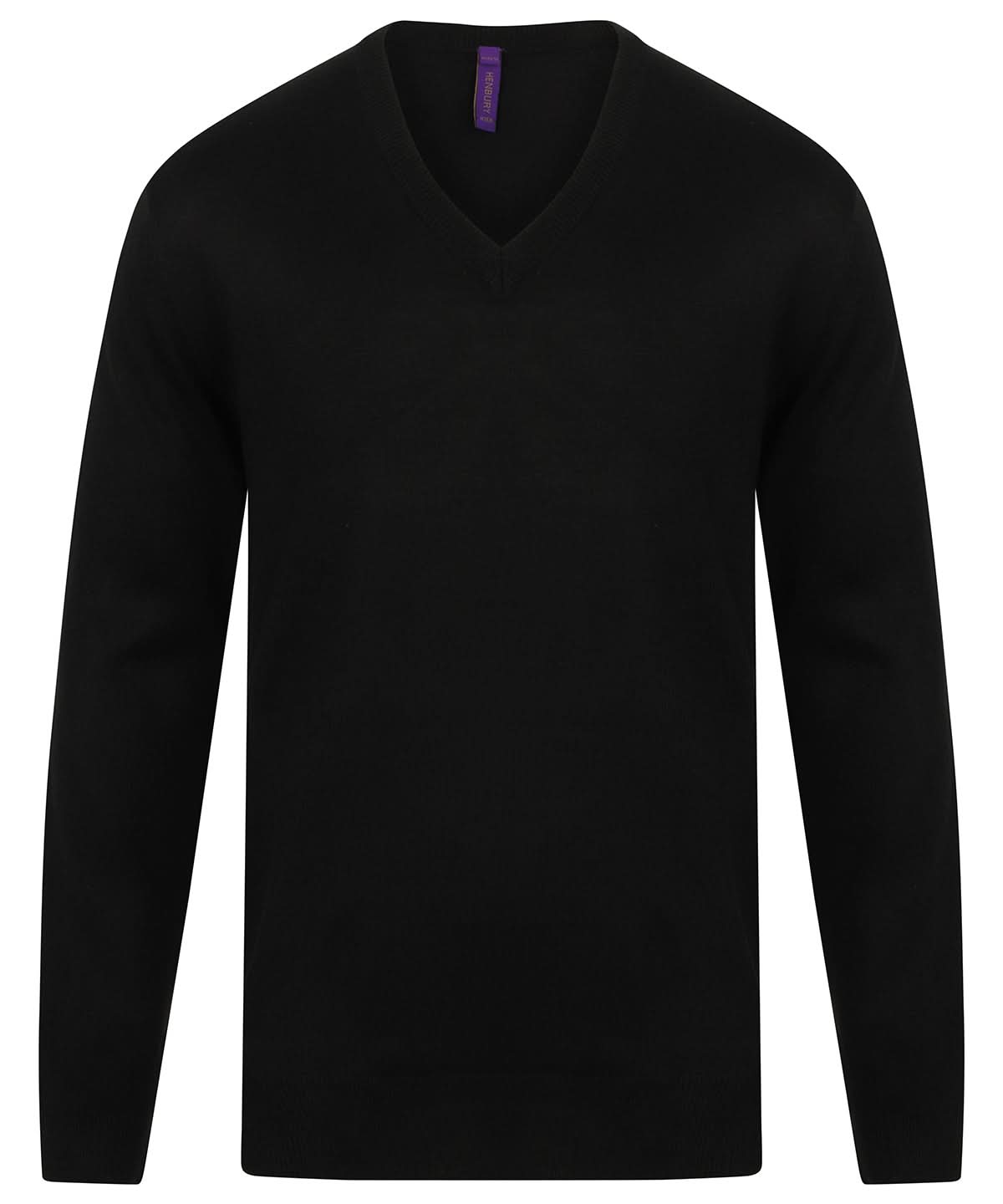 Henbury Cashmere Touch Acrylic V Neck Jumper HB760 - Black - Customisable Knitted Jumpers