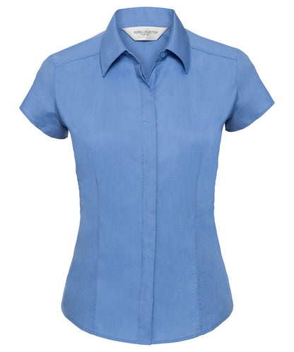 Russell Collection Womens cap sleeve polycotton easycare fitted poplin shirt J925F - Corporate Blue - Customisable Shirts