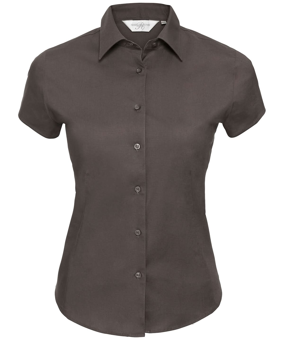 Russell Collection Womens short sleeve easycare fitted stretch shirt J947F - Chocolate 2XL - Customisable Shirts