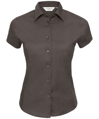 Russell Collection Womens short sleeve easycare fitted stretch shirt J947F - Chocolate 2XL - Customisable Shirts