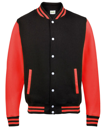 AWDis Just Hoods Varsity jacket JH043 - Jet Black Fire Red - Customisable Jacket