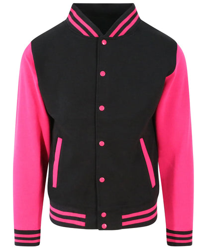 AWDis Just Hoods Varsity jacket JH043 - Jet Black Hot Pink - Customisable Jacket