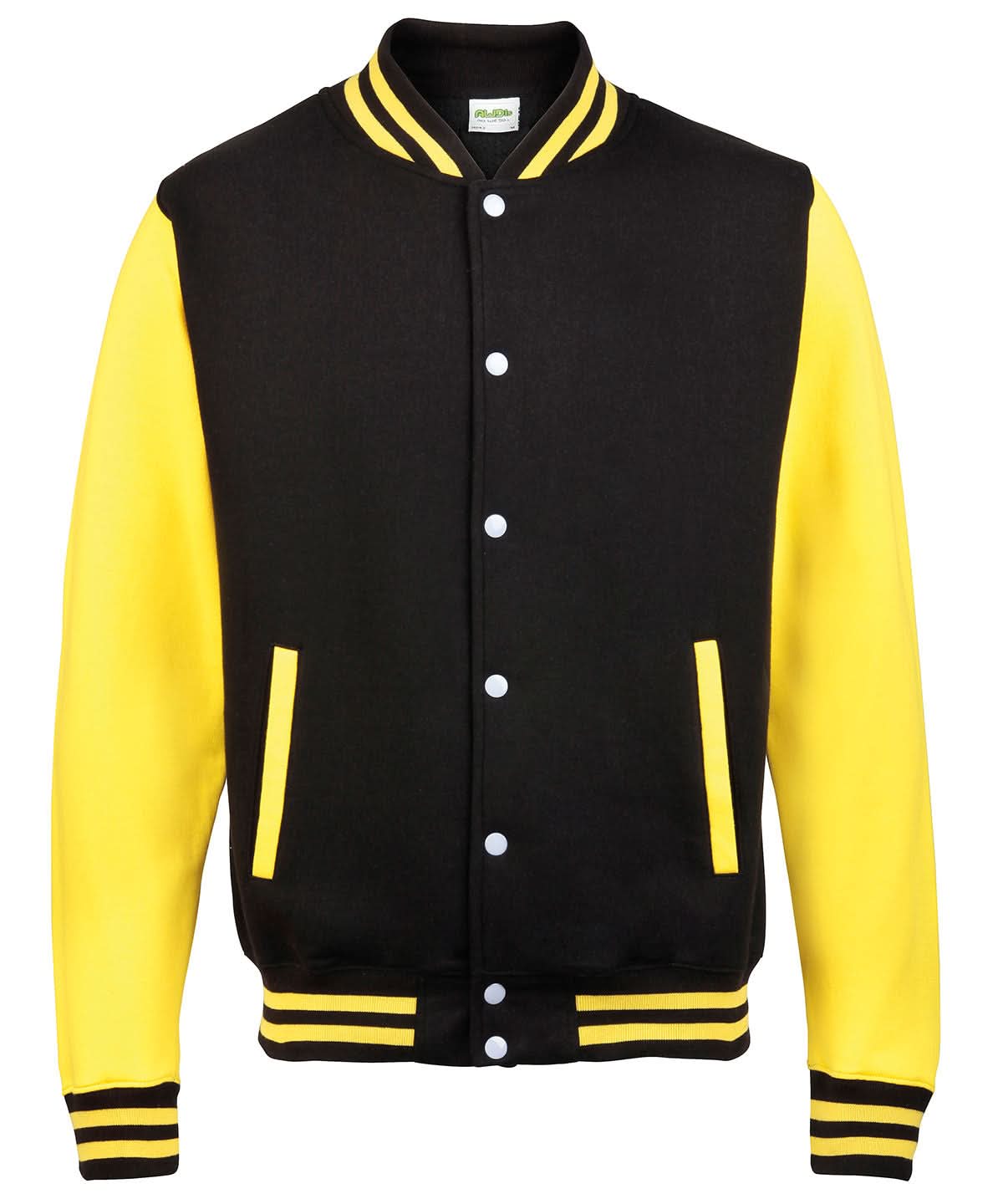 AWDis Just Hoods Varsity jacket JH043 - Jet Black Sun Yellow - Customisable Jacket