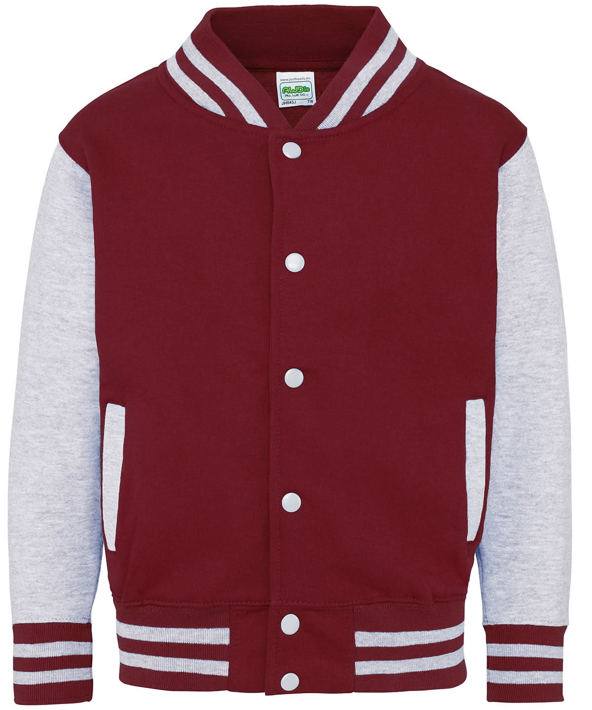 AWDis Just Hoods Kids varsity jacket JH43J - Burgundy Heather Grey - Customisable Jacket