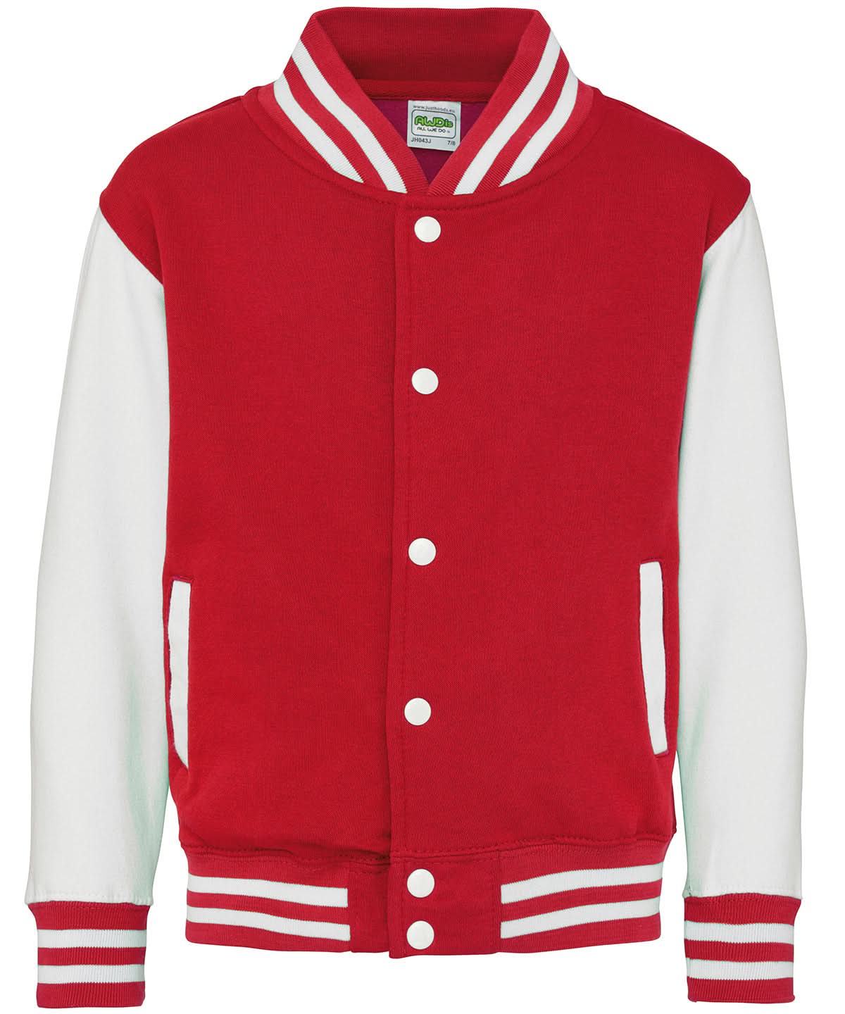 AWDis Just Hoods Kids varsity jacket JH43J - Fire Red White - Customisable Jacket