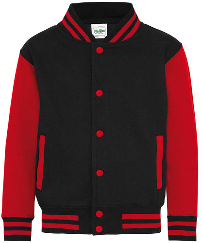 AWDis Just Hoods Kids varsity jacket JH43J - Jet Black Fire Red - Customisable Jacket