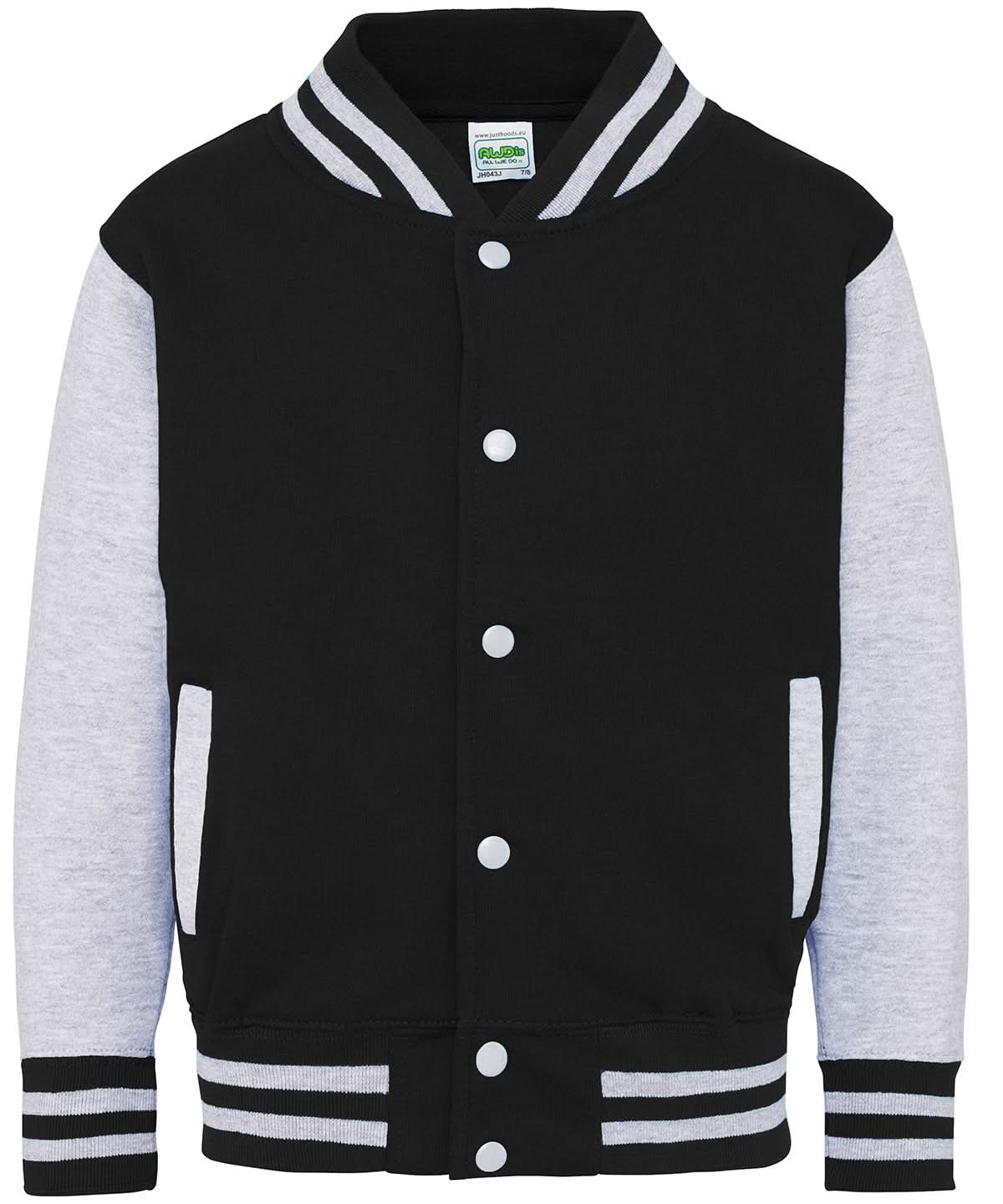 AWDis Just Hoods Kids varsity jacket JH43J - Jet Black Heather Grey - Customisable Jacket