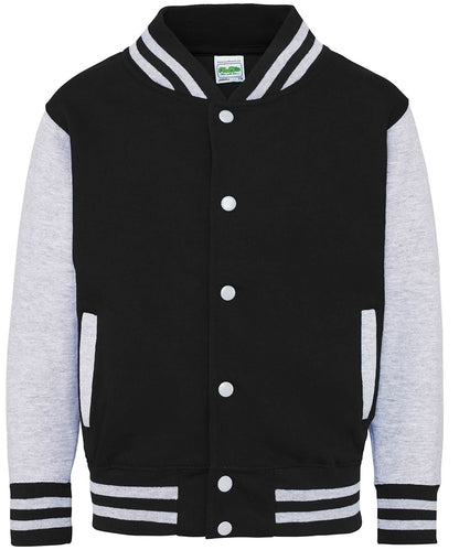 AWDis Just Hoods Kids varsity jacket JH43J - Jet Black Heather Grey - Customisable Jacket