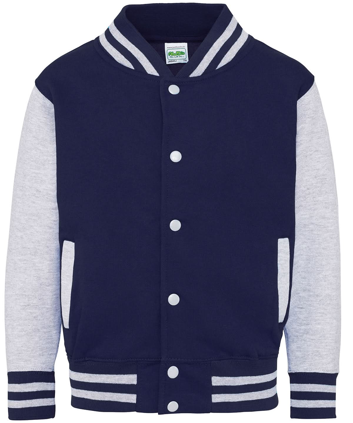 AWDis Just Hoods Kids varsity jacket JH43J - Oxford Navy Heather Grey - Customisable Jacket