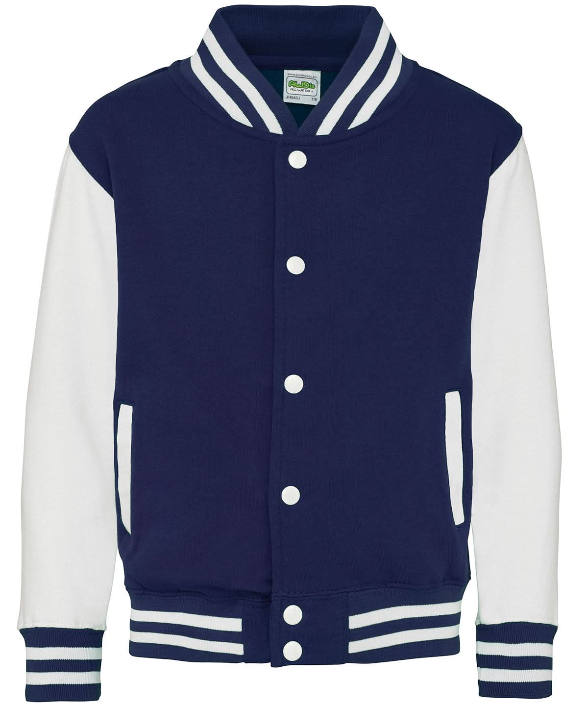 AWDis Just Hoods Kids varsity jacket JH43J - Oxford Navy White - Customisable Jacket