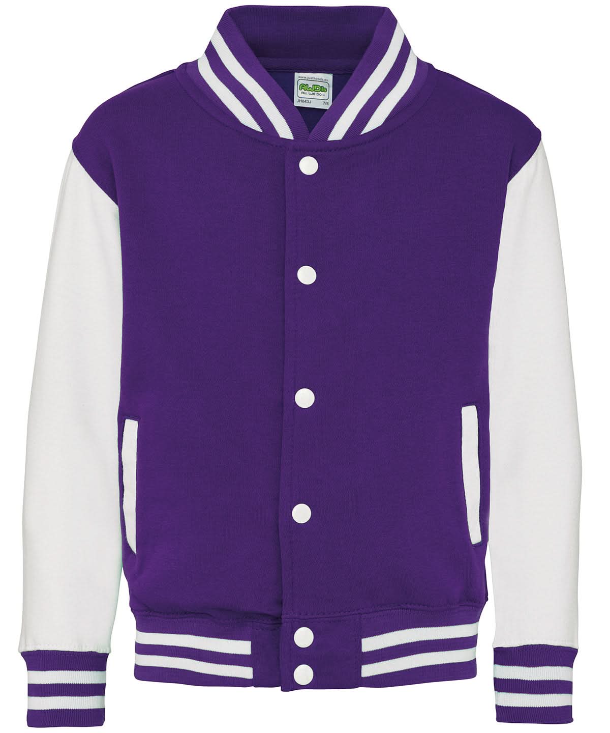 AWDis Just Hoods Kids varsity jacket JH43J - Purple White - Customisable Jacket
