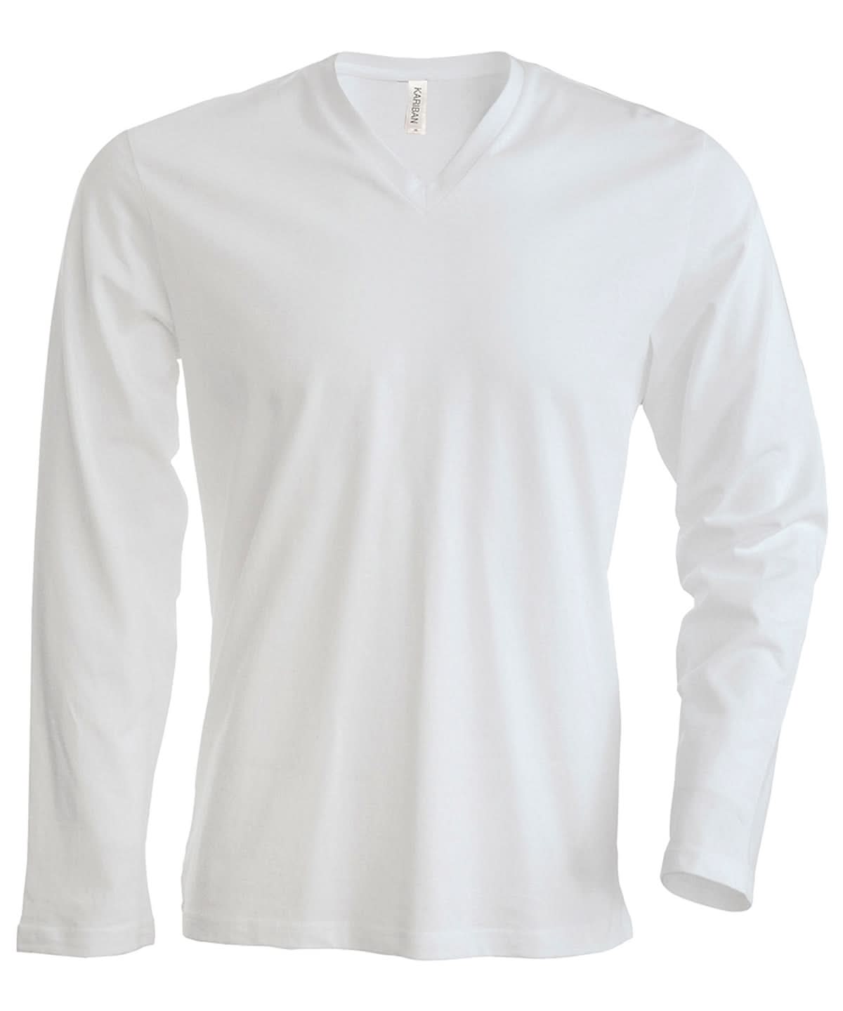 Kariban Mens long sleeved V neck T shirt KB358 - White - Customisable T-Shirt