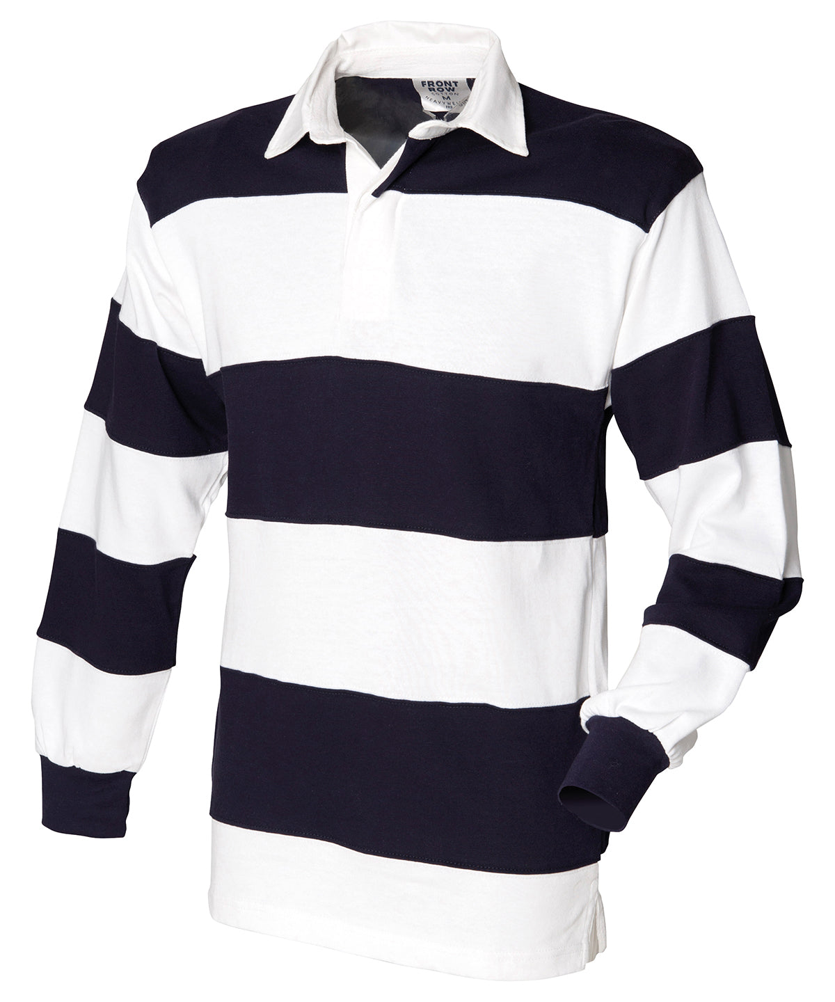 Sewn stripe long sleeve rugby shirt - FR08M - White &amp; Navy (White collar) - Customisable Rugby Shirts