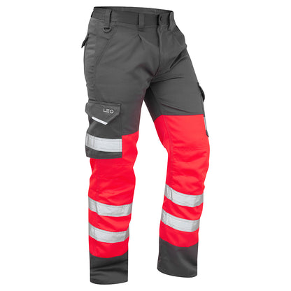 Leo Bideford EcoViz Hi-Vis Cargo Trousers CT01 - Hv Red Grey 28 R - Customisable Hi Vis Trousers