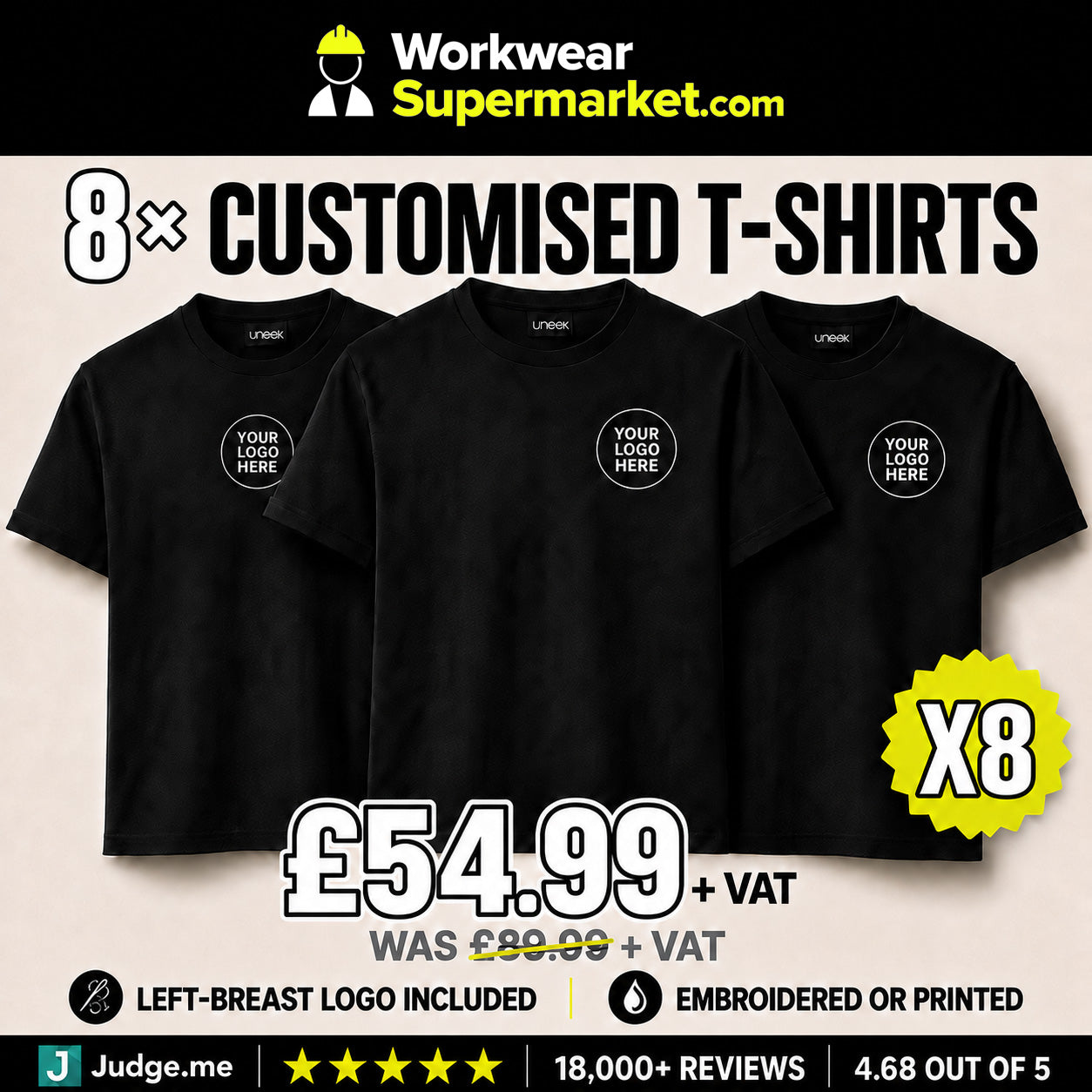 8 Personalised Embroidered Work T-Shirts with Free Logo