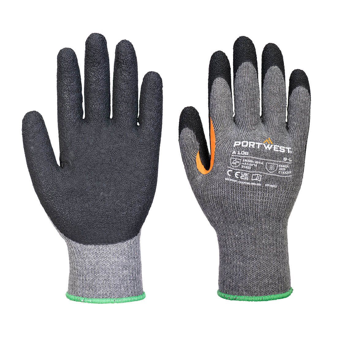 Portwest A106 reinforced thumb latex gloves in Grey/Black, pack of 12