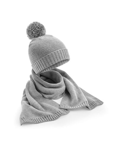 Beechfield Knitted Scarf &amp; Beanie Gift Set – B401R - Light Grey Fleck One size - Customisable Winter Accessory Sets