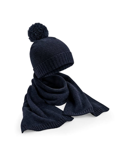 Beechfield Knitted Scarf &amp; Beanie Gift Set – B401R - Navy Fleck One size - Customisable Winter Accessory Sets