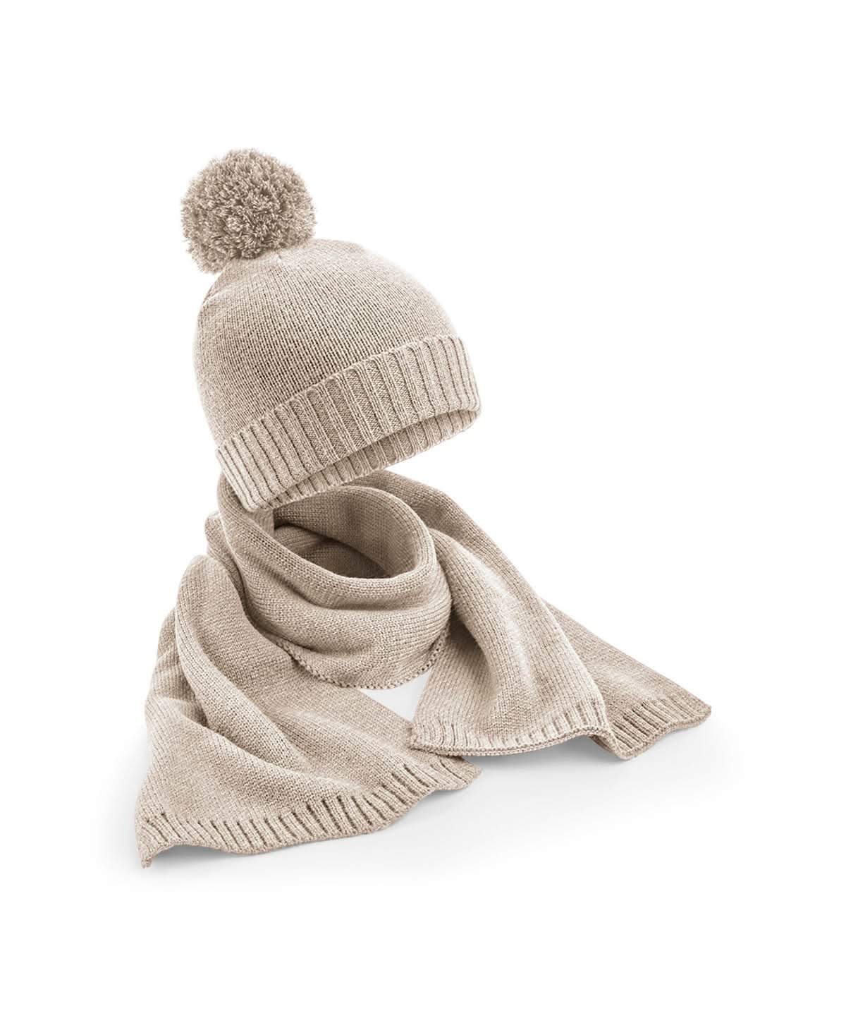 Beechfield Knitted Scarf &amp; Beanie Gift Set – B401R - Oatmeal Fleck One size - Customisable Winter Accessory Sets