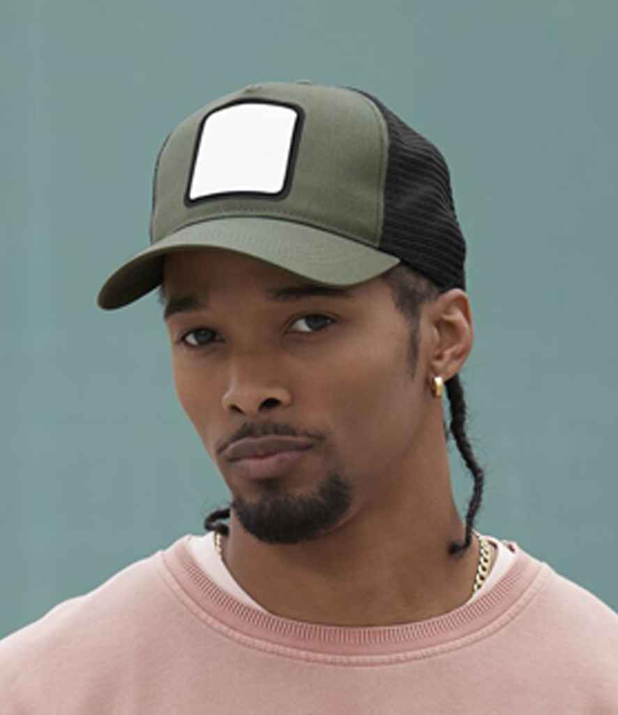 Beechfield Appliqué Patch 5 Panel Trucker Cap - BB636 - Olive Green Black ONE - Customisable Headwear