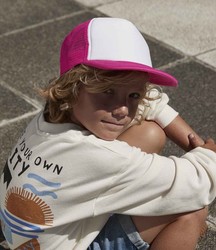 Beechfield Kids Vintage Snapback Trucker Cap - BB645B - Fuchsia White ONE - Customisable Headwear