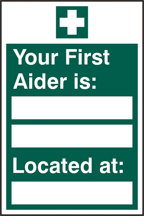 Beeswift First Aider Located Sign Self Adhesive Bss12044 N - Green 200X300MM - Customisable First Aid Signs
