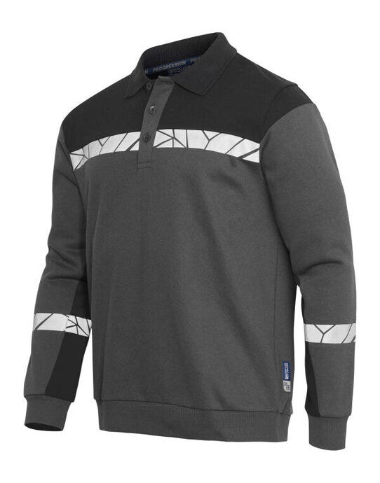 ProJob Workwear ProJob Progression 7100 LS Polo Sweat - PJ647100 - Grey Black - Customisable Mens Long Sleeve Polo Shirts