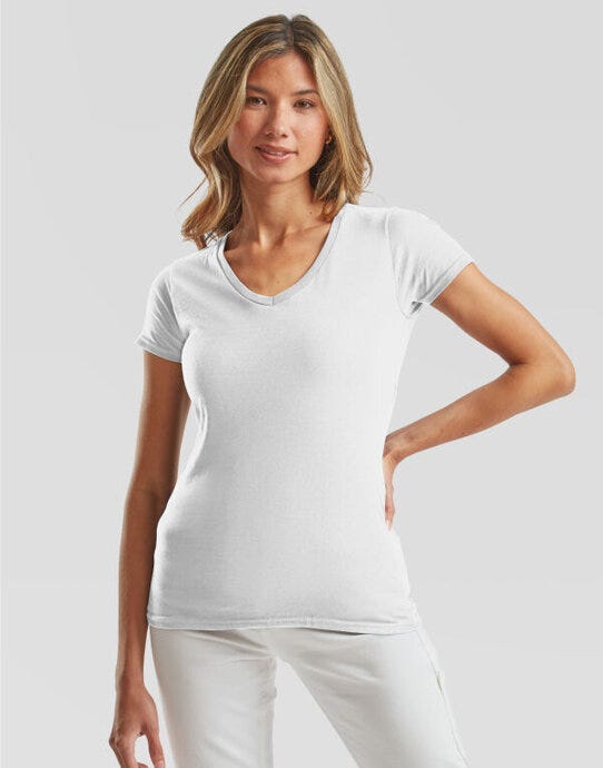 FOTL Ladies Iconic 150 V-Neck T - 61444 - White - Customisable Ladies Short Sleeve T-Shirts