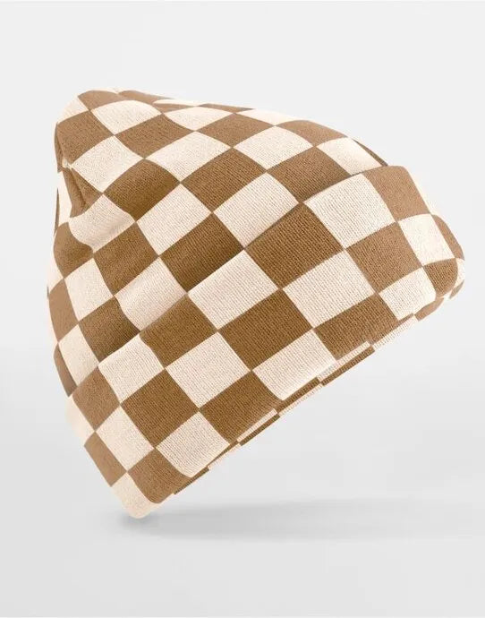 Checkerboard Beanie - B531 - Biscuit Almond O S - Customisable CAPS &amp; HATS