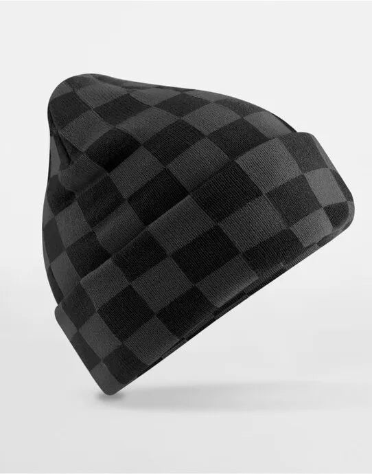 Checkerboard Beanie - B531 - Black Charcoal O S - Customisable CAPS &amp; HATS