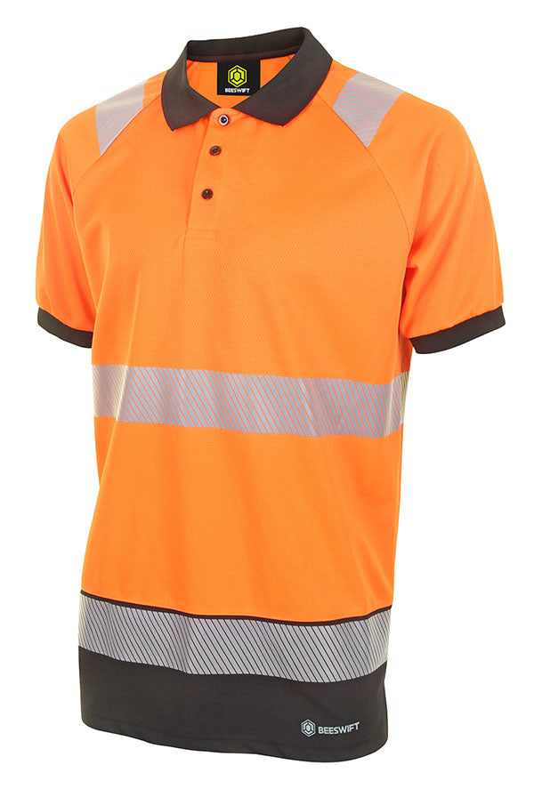 Deltic Beeswift Deltic Hi Vis Two Tone Short Sleeve Polo Shirt Hvtt010 - Orange Black - Customisable Polo Shirts