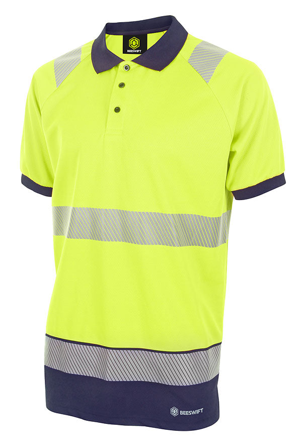 Deltic Beeswift Deltic Hi Vis Two Tone Short Sleeve Polo Shirt Hvtt010 - Saturn Yellow Navy - Customisable Polo Shirts