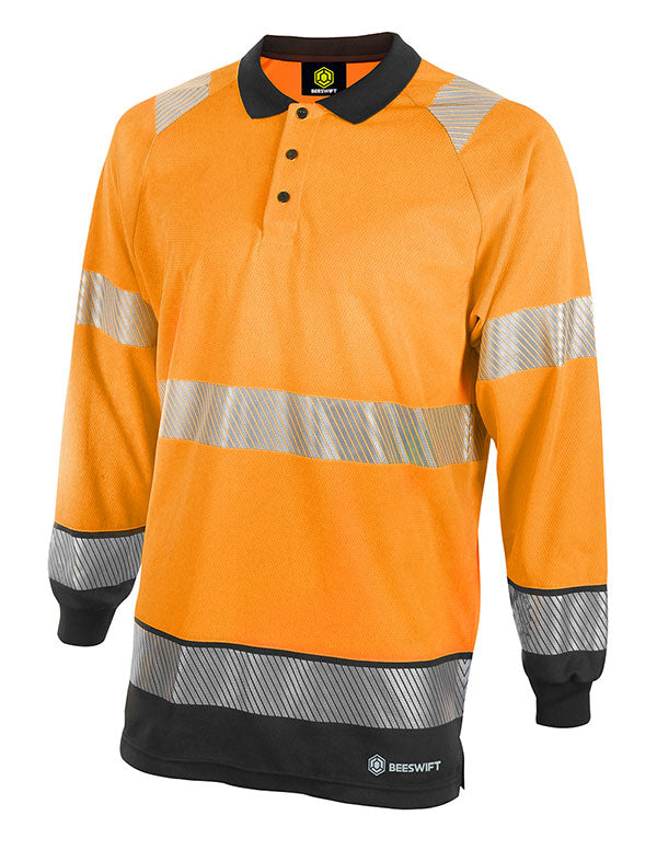 Deltic Beeswift Deltic Hi Vis Two Tone Long Sleeve Polo Shirt Hvtt015 - Orange Black - Customisable Polo Shirts