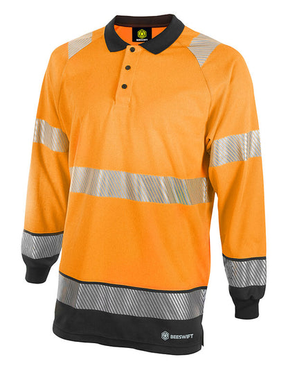 Deltic Beeswift Deltic Hi Vis Two Tone Long Sleeve Polo Shirt Hvtt015 - Orange Black - Customisable Polo Shirts