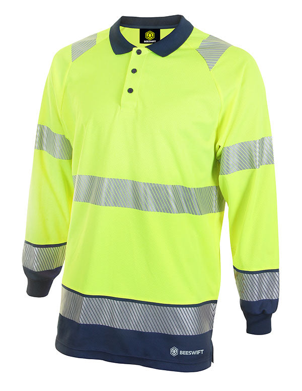 Deltic Beeswift Deltic Hi Vis Two Tone Long Sleeve Polo Shirt Hvtt015 - Saturn Yellow Navy - Customisable Polo Shirts