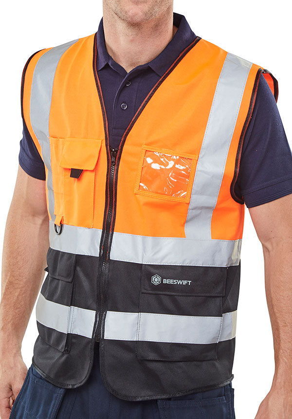 Beeswift Hi Vis Two Tone Executive Id Vest Hvwctt - Orange Black - Customisable Hi-Vis Vest