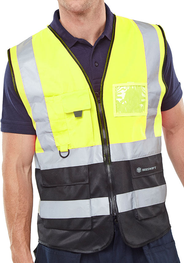 Beeswift Hi Vis Two Tone Executive Id Vest Hvwctt - SaturnYellow Black - Customisable Hi-Vis Vest
