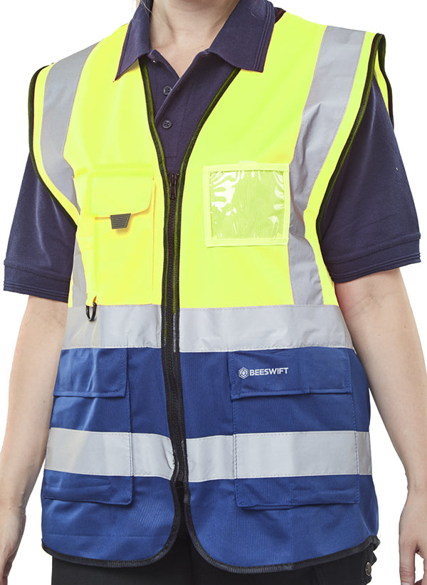 Beeswift Hi Vis Two Tone Executive Id Vest Hvwctt - Saturn Yellow Navy - Customisable Hi-Vis Vest