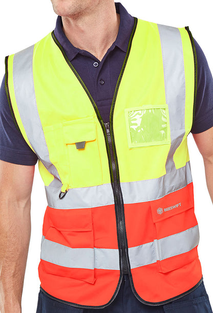 Beeswift Hi Vis Two Tone Executive Id Vest Hvwctt - SaturnYellow Red - Customisable Hi-Vis Vest