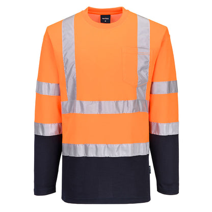 Hi-Vis Cotton Contrast Long Sleeve T-Shirt - S280 - Orange Navy - Customisable Hi-Vis T-Shirts
