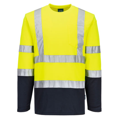Hi-Vis Cotton Contrast Long Sleeve T-Shirt - S280 - Yellow Navy - Customisable Hi-Vis T-Shirts