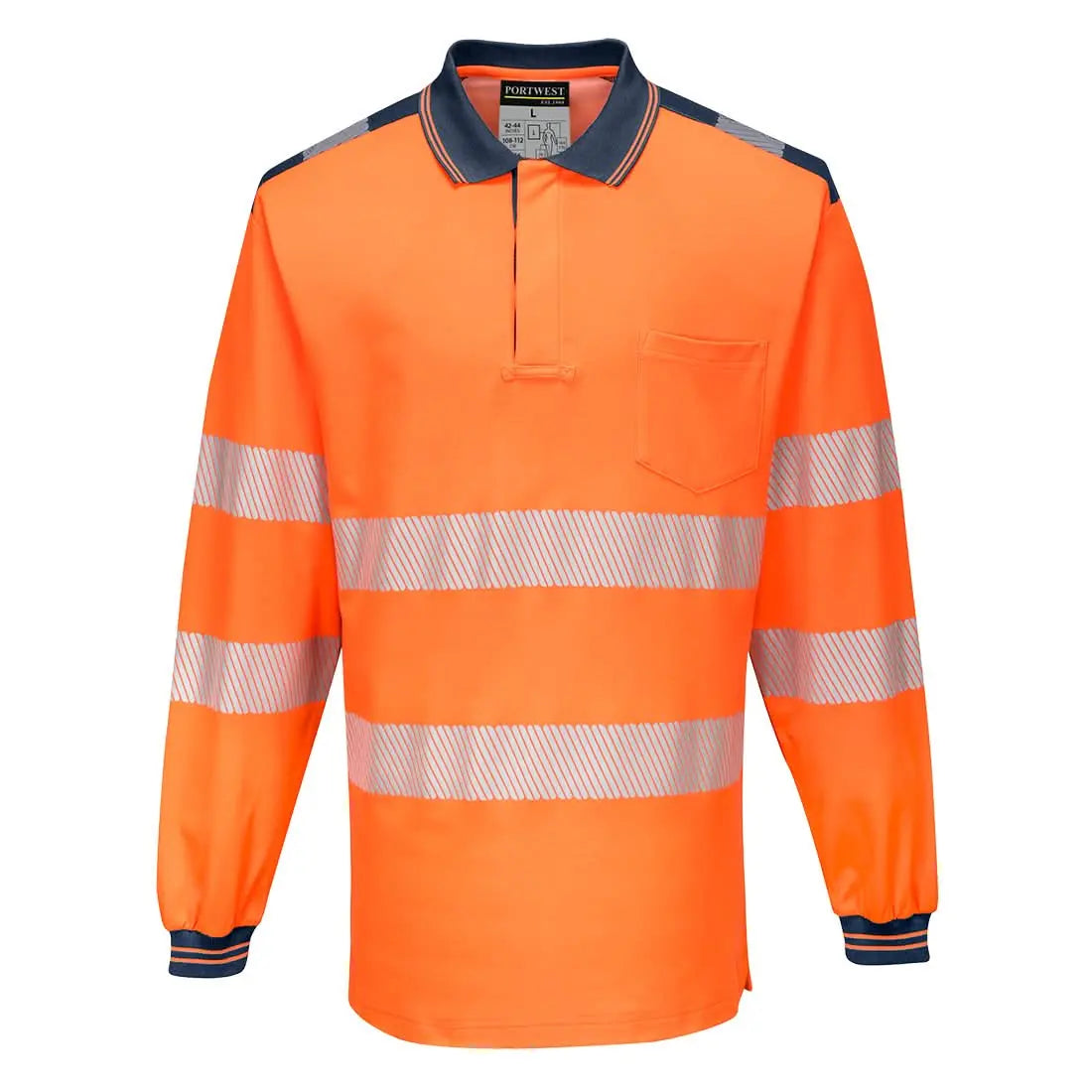 Pw3 Hi Vis Cotton Comfort Polo Shirt L/S T184 - Orange Navy - Customisable Polo Shirts