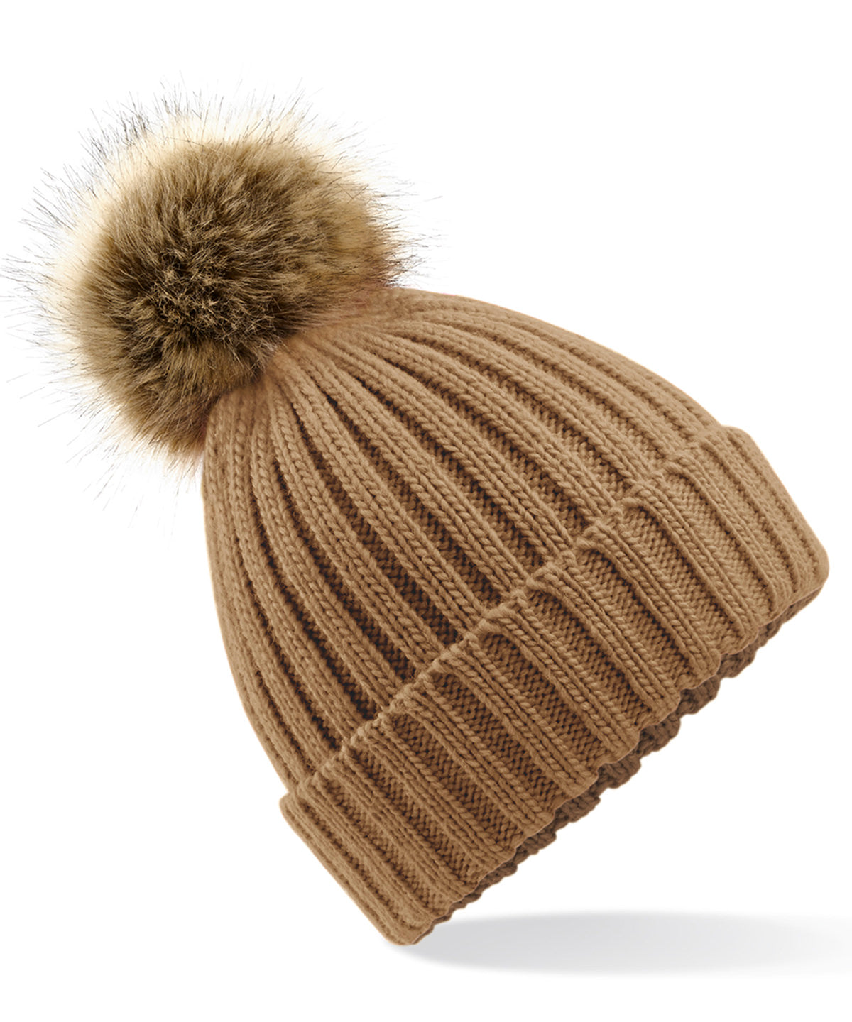 Fur Pop Pom Chunky Beanie - B412 - Biscuit O S - Customisable Beanies