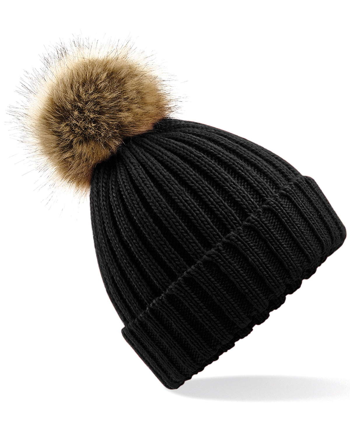 Fur Pop Pom Chunky Beanie - B412 - Black O S - Customisable Beanies